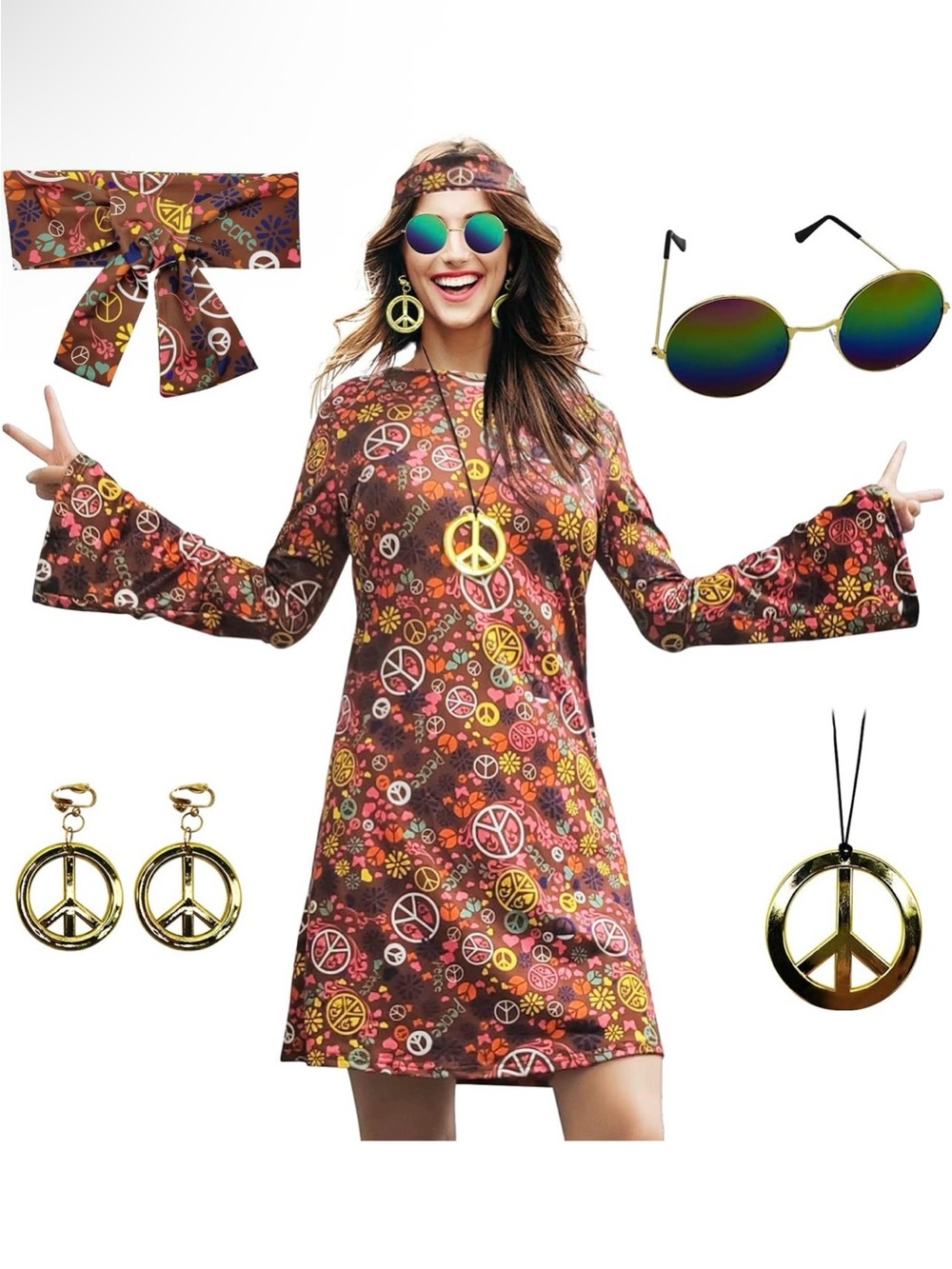 70s Hippie Dress Costumes Necklace Earrings Sunglass Women Disco Outfit M NWT